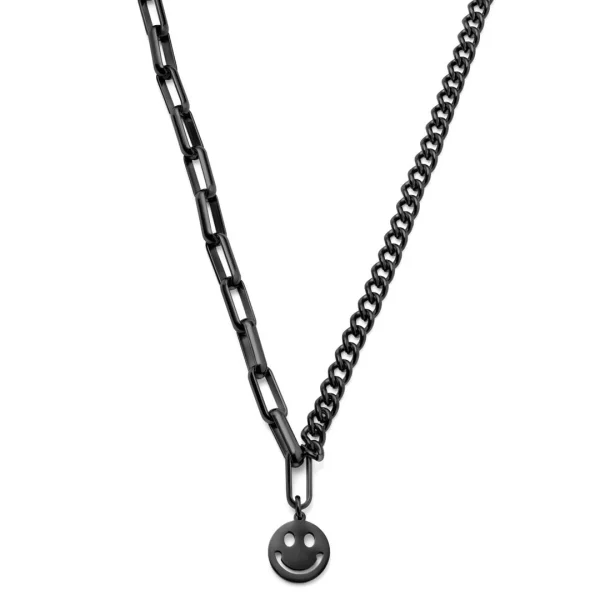 Lucleon Collier Caleb Amager à Double Chaîne Noire, Maille Dorée Et Pendentif Smiley 1