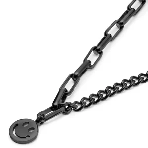 Lucleon Collier Caleb Amager à Double Chaîne Noire, Maille Dorée Et Pendentif Smiley 10