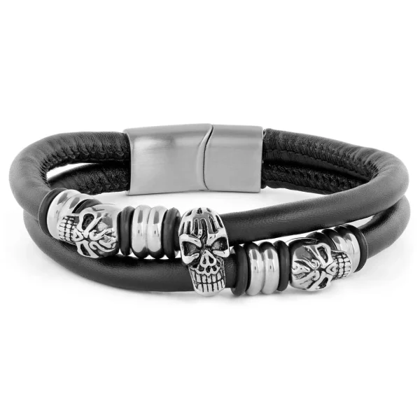 Fort Tempus Bracelet En Cuir Noir Et Crânes En Acier 1