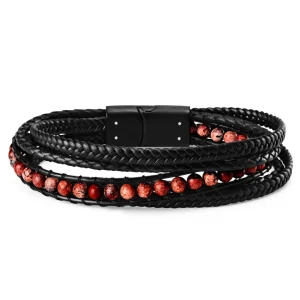 Lucleon Bracelet Naxos En Cuir Noir Et Perles De Jaspe Impérial Rouge 14