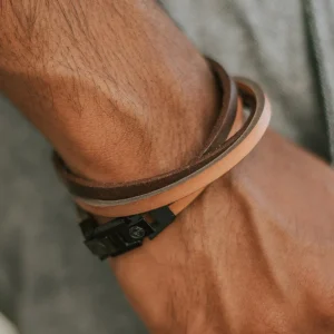 Lucleon Bracelet Roy à Double Tour En Cuir Clair Bicolore Avec Fermoir Noir 18