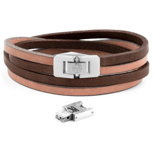 Lucleon Bracelet Roy à Double Tour En Cuir Clair Bicolore Avec Fermoir Argenté 5