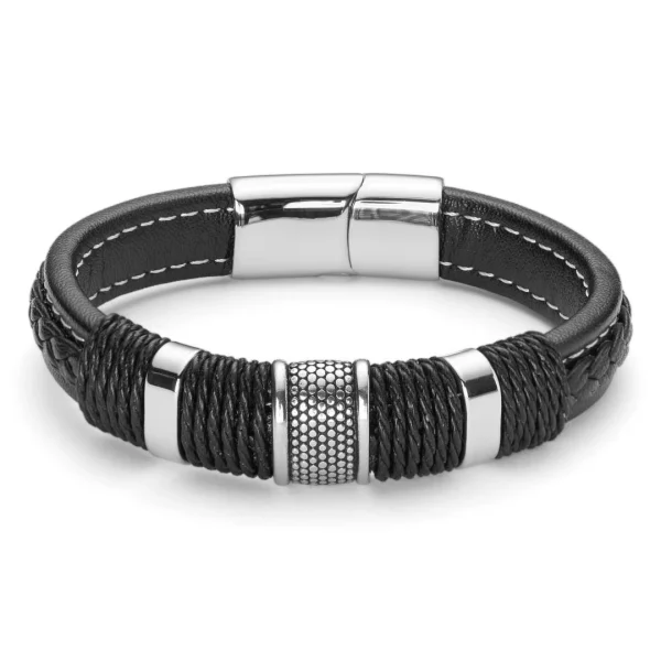 Lucleon Bracelet Icon En Cuir Noir Et Acier Argenté 1