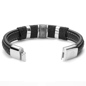 Lucleon Bracelet Icon En Cuir Noir Et Acier Argenté 18