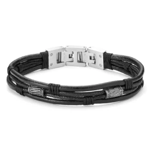 Lucleon Bracelet En Cordons De Cuir Noir Et Acier Argenté Icon 8