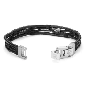 Lucleon Bracelet En Cordons De Cuir Noir Et Acier Argenté Icon 10