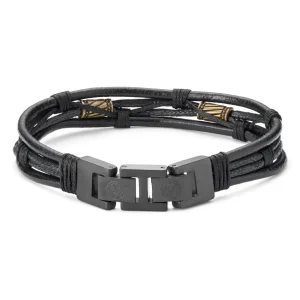 Lucleon Bracelet En Cordons De Cuir Noir Et En Acier Noir Et Or Icon 10