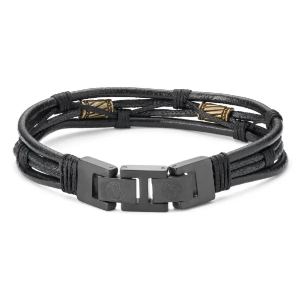 Lucleon Bracelet En Cordons De Cuir Noir Et En Acier Noir Et Or Icon 3