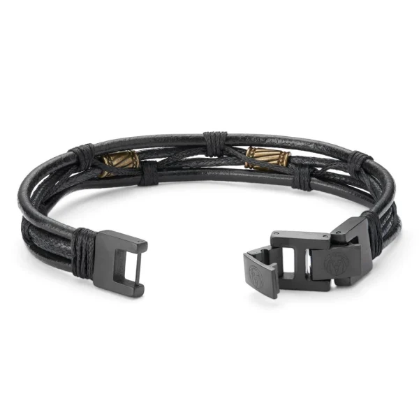 Lucleon Bracelet En Cordons De Cuir Noir Et En Acier Noir Et Or Icon 6