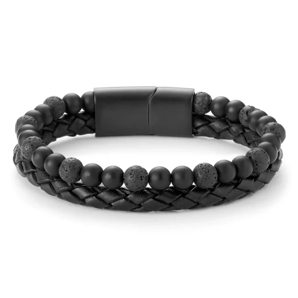 Lucleon Bracelet En Cuir Et En Pierres De Lave Noires 3