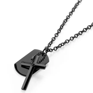 Lucleon Collier En Acier Noir Avec Pendentif Croix Et Plaque Militaire 9