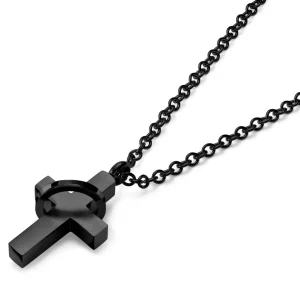 Lucleon Collier à Petit Pendentif Croix Noire Serti D’un Anneau 10