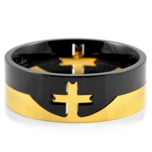 Fort Tempus Bague En Acier Noire Et Dorée Avec Croix 10