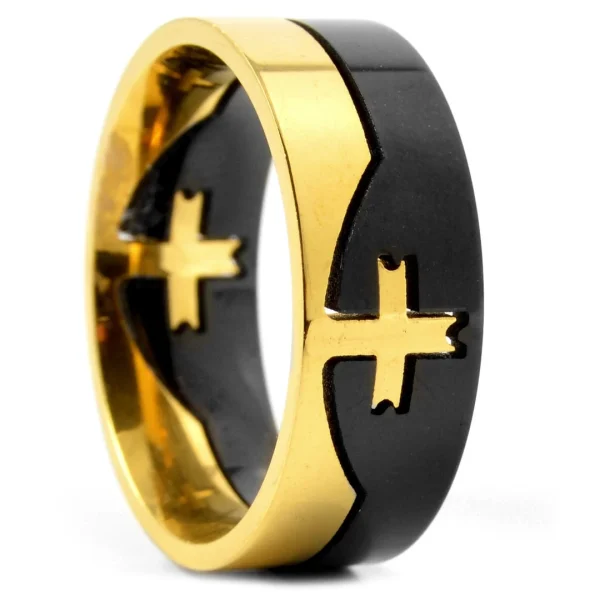 Fort Tempus Bague En Acier Noire Et Dorée Avec Croix 1