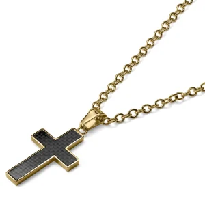 Lucleon Collier à Pendentif Croix Plaqué Or Avec Marqueterie Noire 9