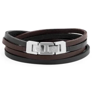 Lucleon Bracelet Roy à Double Tour En Cuir Foncé Bicolore Avec Fermoir Argenté 10