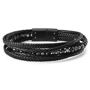 Lucleon Bracelet Naxos En Cuir Noir Et Pierre Obsidienne Flocon De Neige 14