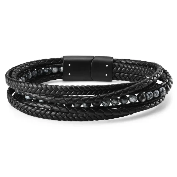 Lucleon Bracelet Naxos En Cuir Noir Et Pierre Obsidienne Flocon De Neige 5