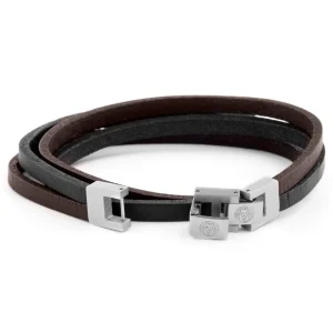 Lucleon Bracelet Roy à Double Tour En Cuir Foncé Bicolore Avec Fermoir Argenté 14