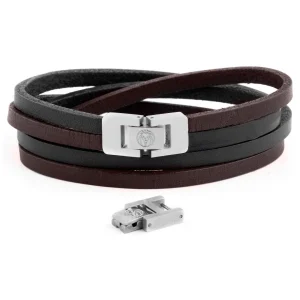 Lucleon Bracelet Roy à Double Tour En Cuir Foncé Bicolore Avec Fermoir Argenté 16