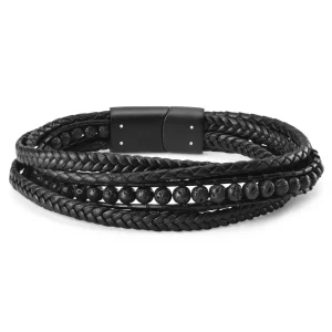 Lucleon Bracelet Naxos En Cuir Noir Et Pierres De Lave Noire 14