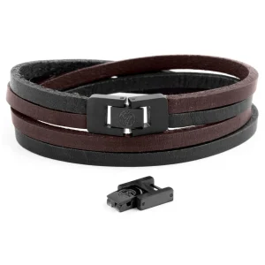 Lucleon Bracelet Roy à Double Tour En Cuir Foncé Bicolore Avec Fermoir Noir 16