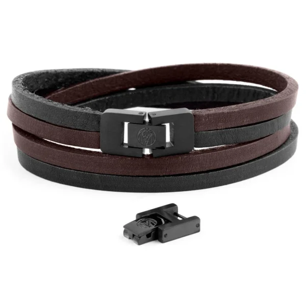 Lucleon Bracelet Roy à Double Tour En Cuir Foncé Bicolore Avec Fermoir Noir 6