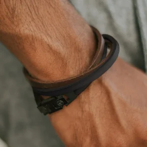 Lucleon Bracelet Roy à Double Tour En Cuir Foncé Bicolore Avec Fermoir Noir 12