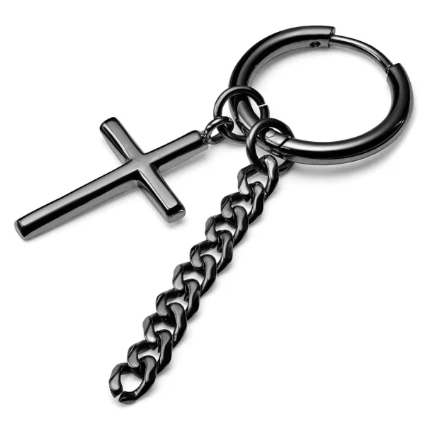 Lucleon Boucle D’oreille En Acier Noir Avec Pendentifs Croix Et Chaîne 1