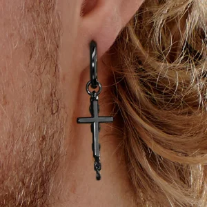 Lucleon Boucle D’oreille En Acier Noir Avec Pendentifs Croix Et Chaîne 18