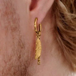 Lucleon Boucle D’oreille En Acier Doré Avec Pendentifs Plumes Et Chaîne 16