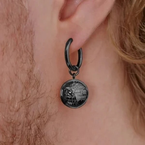 Lucleon Boucle D’oreille En Acier Noir Avec Pendentif Globe Terrestre 13