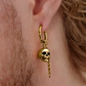 Lucleon Boucle D’oreille En Acier Doré Avec Pendentif Tête De Mort Et Chaîne 16