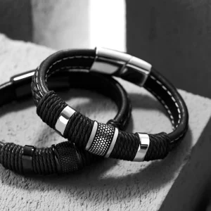 Lucleon Bracelet Icon En Cuir Noir Et Acier Argenté 16