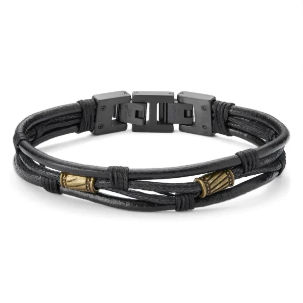 Lucleon Bracelet En Cordons De Cuir Noir Et En Acier Noir Et Or Icon 1